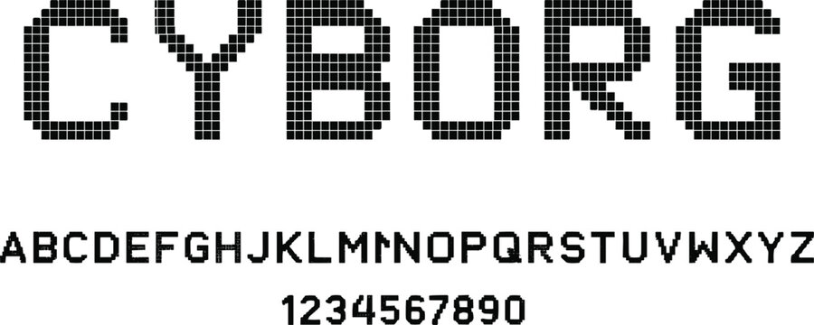 "Pixelated cyborg font design with futuristic square grid letters, digital alphabet and numbers for modern typography artwork"