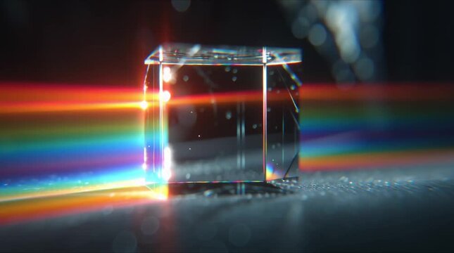 Floating optical crystal prism dark void, neon light beam enters prism fractures vivid rainbow spectrum rays, volumetric light shafts, iridescent glow, soft fog, cinematic chromatic aberration, 4k