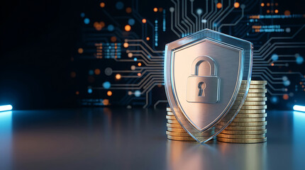 Conceptual image of cybersecurity and financial data protection with shield, padlock, and coins on a digital circuit backdrop.