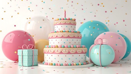 Pastel birthday celebration with colorful balloons and gifts