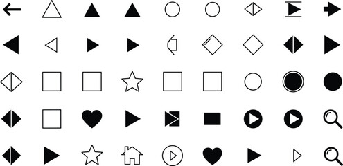 "Collection of diverse vector icons including arrows, shapes, hearts, stars, house, magnifying glass for user interface design"
