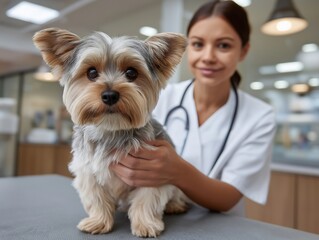 Professional groomer with stethoscope gently holding a small dog on grooming table in a bright veterinary clinic, showcasing pet care and grooming expertise