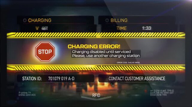 Electric car display with charging error alert on user interface, malfunction
