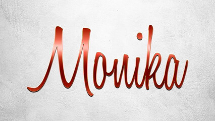 Red 3D text effect of Hindi name Monika on silver background.