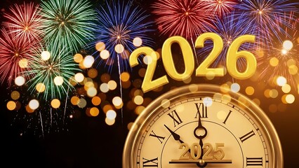 Festive New Year countdown illustration showing golden numbers 2026 and a clock face under brilliant multicolor firework bursts.