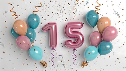 Vibrant celebration scene with pink, blue, and orange balloons and confetti 15th birthday