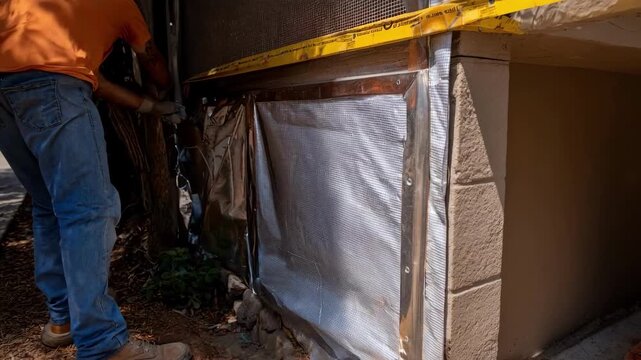 Technician installs a physical termite barrier using stainless steel mesh to safeguard building structures.