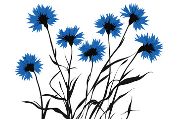 Obraz premium Vibrant Cornflowers: An artistic depiction showcases a cluster of cornflowers in full bloom, their vivid blue petals contrasting against elegant green stems and leaves.