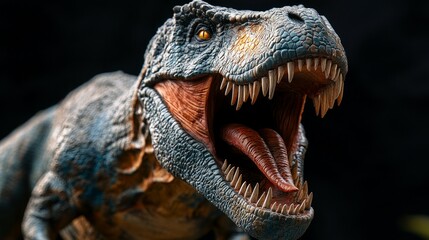 A ferocious predator with its mouth open embodies the power and danger of prehistoric times, which is suitable for a dramatic backdrop in educational projects about dinosaurs.