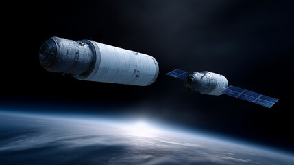 Ultra-realistic 4K space scene of two spacecraft modules performing orbital docking above Earth, suspended in zero gravity; one module is cylindrical with detailed metallic panels,
