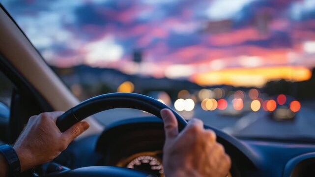 4Highway drive captured from inside the car, vibrant sunset pouring over traffic ahead, highlighting silhouettes of vehicles and the driver&rsquo;s focused grip on the wheel
