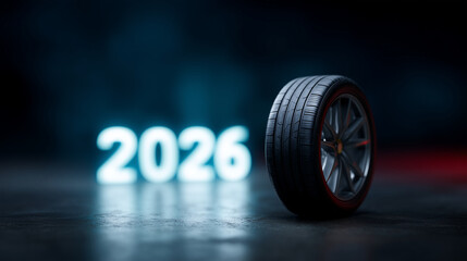 Ultra-realistic 4K festive New Year automotive scene featuring glowing marquee numbers "2026" standing on a highly reflective glossy floor; the zero is creatively replaced by a rea