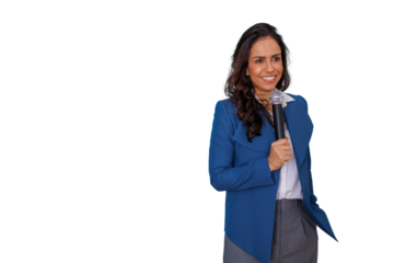 Confident businesswoman speaker holding microphone, presenting and engaging with audience on transparent background