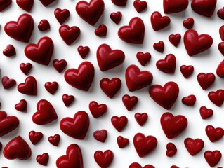 Red 3D hearts of varying sizes scattered randomly, creating a lively and romantic pattern. The arrangement emphasizes love and affection, reflecting a playful and charming vibe