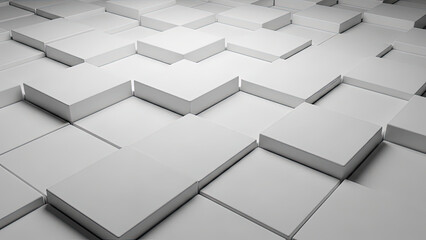 Fototapeta premium White 3D Cube Blocks Geometric Pattern with Raised Rectangular Shapes. Architecture, and Technology