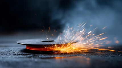 Ultra-realistic 4K industrial close-up capturing sparks flying from a high-speed grinding machine as it cuts, grinds, and finishes a metal surface inside an industrial workshop; gl