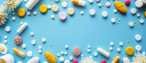Multicoloured capsules and tablets on a blue background symbolise pharmaceutical diversity — an excellent background for advertising pharmacies or health articles.