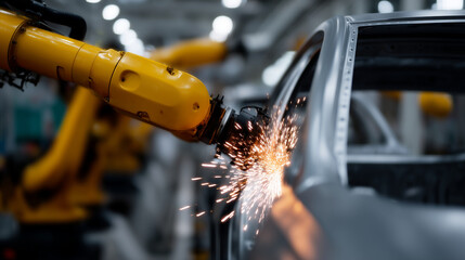 Robotic arms welding car frames on a fully automated assembly line inside a high-tech automotive manufacturing plant; multiple industrial robots performing synchronized spot weldin