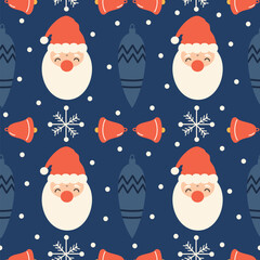 cute hand drawn christmas holiday season seamless vector pattern vintage illustration with santa claus,  baubles, red bells and snowflakes on blue background
