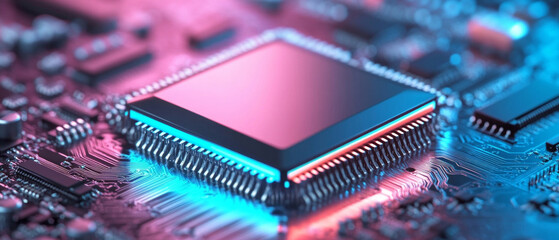 A sparkling microchip on a printed circuit board with blue and pink highlights emphasises the technological sophistication of modern devices 