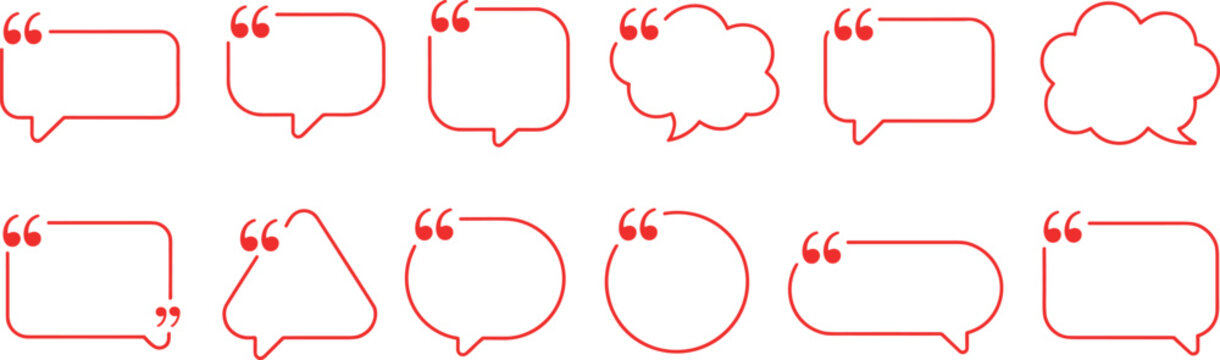 Set of various empty red outline quote boxes and quote, box, bubble, speech, chat, message, speech bubbles