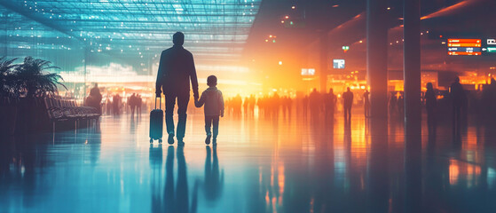 The silhouettes of travellers at the airport convey a sense of anticipation and movement, serving as an atmospheric backdrop for travel agencies or family trips.