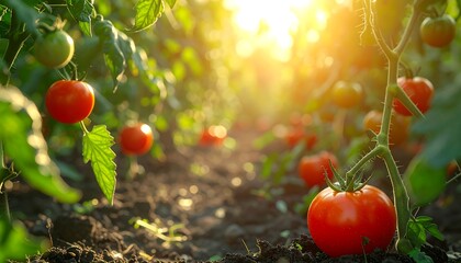 Lush tomato plants bask in warm sunlight; growing fruit in garden