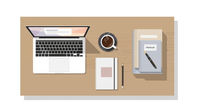 Overhead view of a wooden desk with a laptop coffee notebooks and pen