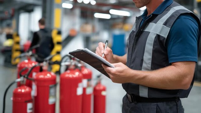 9Close-up of worker marking an inspection sheet while inspecting red fire extinguishers, reflective industrial flooring and warning signage in the background