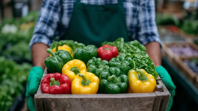 11Freshly harvested vegetables in a rustic wooden box held by green-gloved hands, bell peppers, zucchini, and crisp greens arranged aesthetically, highlighting farm-to-table freshnes