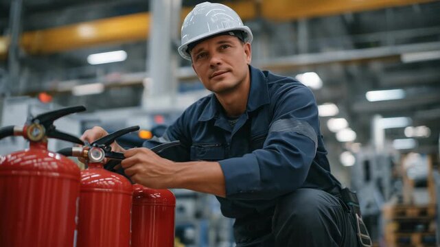 13Engineer in safety helmet kneeling beside a row of fire extinguishers, checking pressure gauges, factory equipment softly blurred in the background