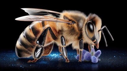 Close-up view of a bee collecting pollen from a blue flower illuminated by purple lighting in a fantasy style