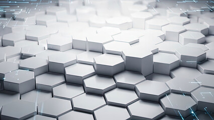 White Hexagonal Grid with Elements. Geometric Pattern Illustrates Technology, Data, and Network Concepts.