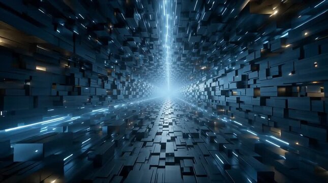 3D abstract sci-fi data corridor, infinite digital tunnel floating data blocks holographic panels neon blue data streams big data AI computation dark blue cyber space, volumetric fog, cinematic smooth