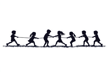 Obraz premium Children's Tug-of-War Silhouette: Seven children engage in a spirited game of tug-of-war, their silhouettes capturing the energy and teamwork of childhood fun.