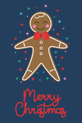 Colourful Christmas greeting card in cartoon style. Funny hand drawn gingerbread cookie. Vector illustration