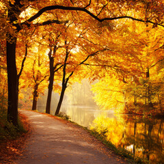 Fototapeta premium Autumn Forest Path by the River – AI Generative