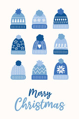 Colourful Christmas greeting card in cartoon style. Funny hand drawn winter hats. Vector illustration
