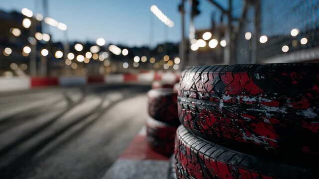 25Close-up view of thick red and black tire stacks positioned on the edge of a motorsport track, rough rubber surfaces catching reflections from overhead lights, skid marks on surrou