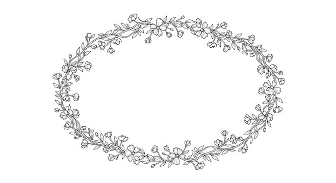 Decorative oval frame composed of delicate black and white hand-drawn floral branches and small blossoms on a clean white background.