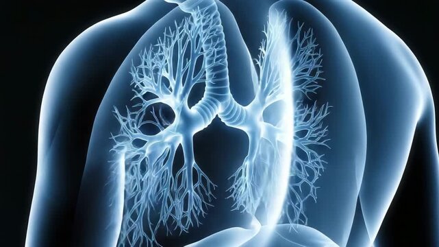 Human lungs and bronchial tree inside chest cavity with trachea and bronchi  medical anatomy