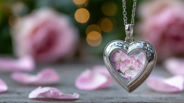 24Heart-shaped locket opened to reveal a tiny photograph inside, soft glowing background with floating rose petals