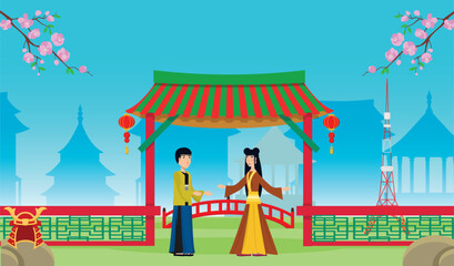 Obraz premium Traditional Japanese Festival Illustration – Cultural Celebration with Cherry Blossoms and Pagoda Background