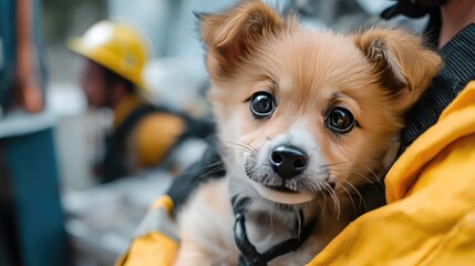 Cute puppy dressed as a firefighter sits in professional studio with soft shadows and a digital background while being photographed