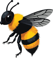 Vector art of a realistic bee with yellow and black stripes in flight, isolated on white background