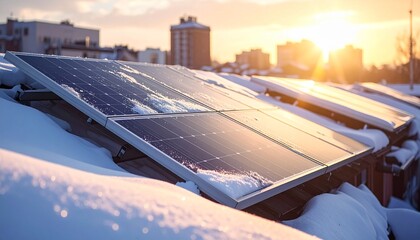 Solar panels covered in snow on a rooftop