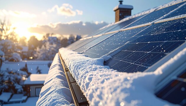 Solar panels covered in snow on a rooftop