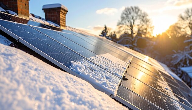 Solar panels covered in snow on a rooftop