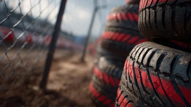31Detailed close-up of intertwined red and black tire stacks standing firmly beside the circuit, visible stitching, scuffs, and compressed rubber marks, rugged track surroundings add