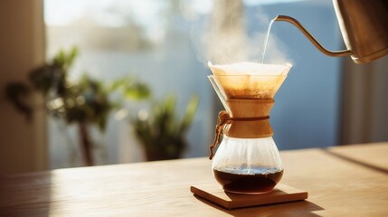 Pour over coffee brewing with hot water poured from a kettle into a glass dripper on a wooden table, visible steam and natural daylight.